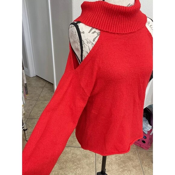 Honey Belle Women's Sweater Sz Small Off Shoulder Cut Out Turtleneck Red Ribbed - Picture 9 of 16